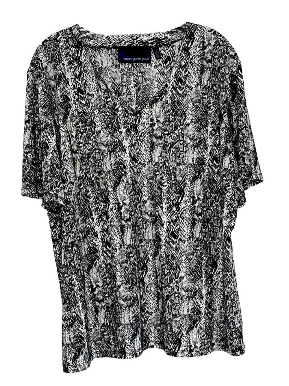 Susan Graver Style Top 1X Snakeskin Print Sequins V-Neck Flowy Bling Career USA